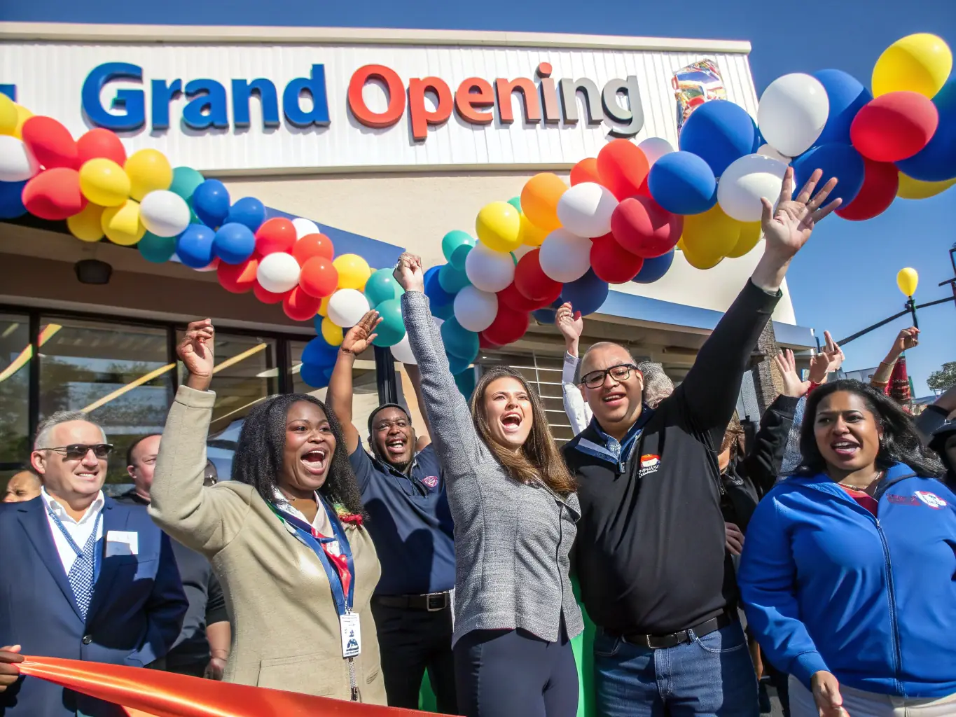 A diverse group of franchise owners celebrating their success in front of their businesses, symbolizing the community and support network available through E2 Visa franchises.