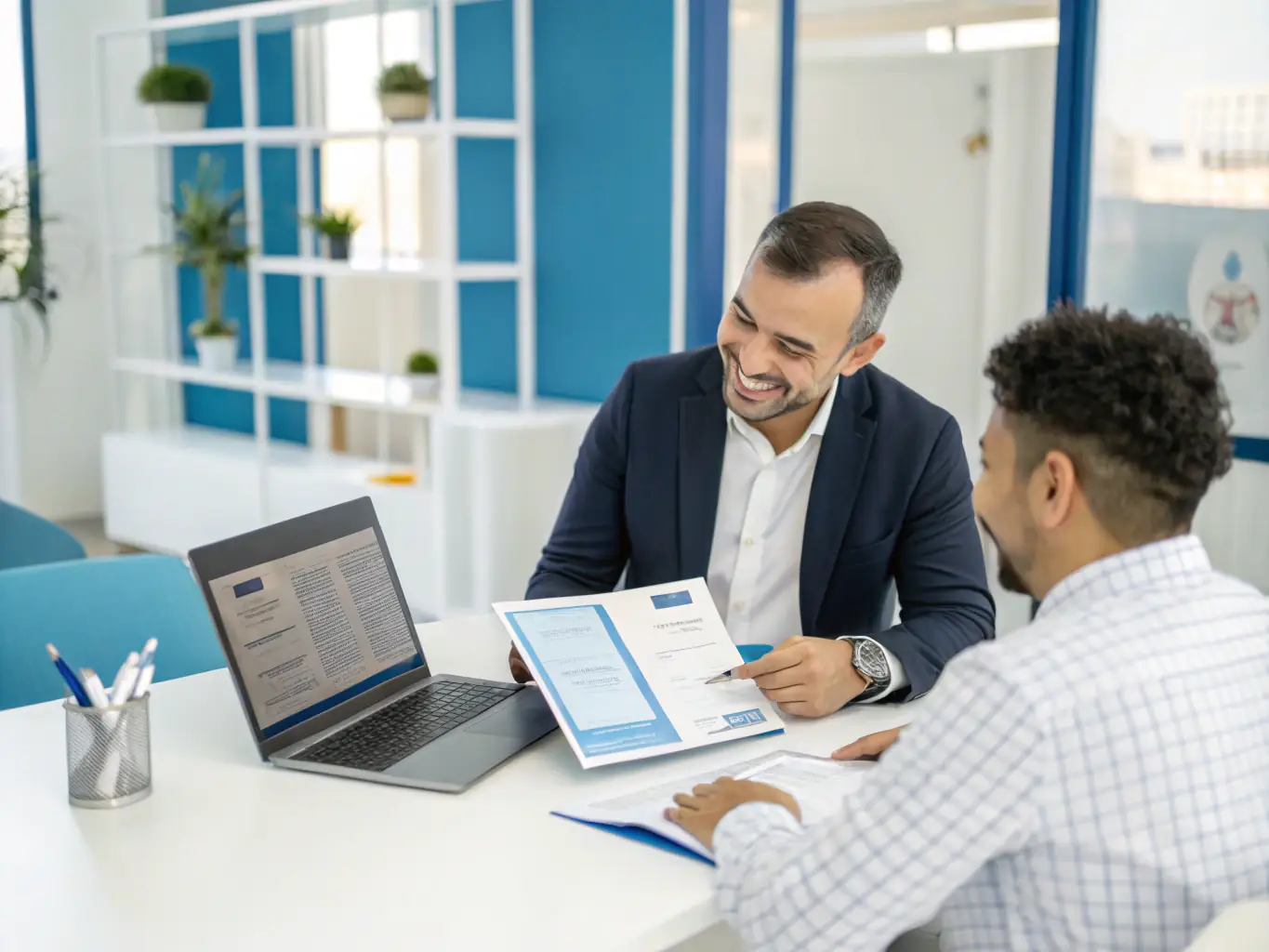 A consultant reviewing E2 Visa application documents with a client, emphasizing the personalized support and expert guidance provided by Franchise Wizards.
