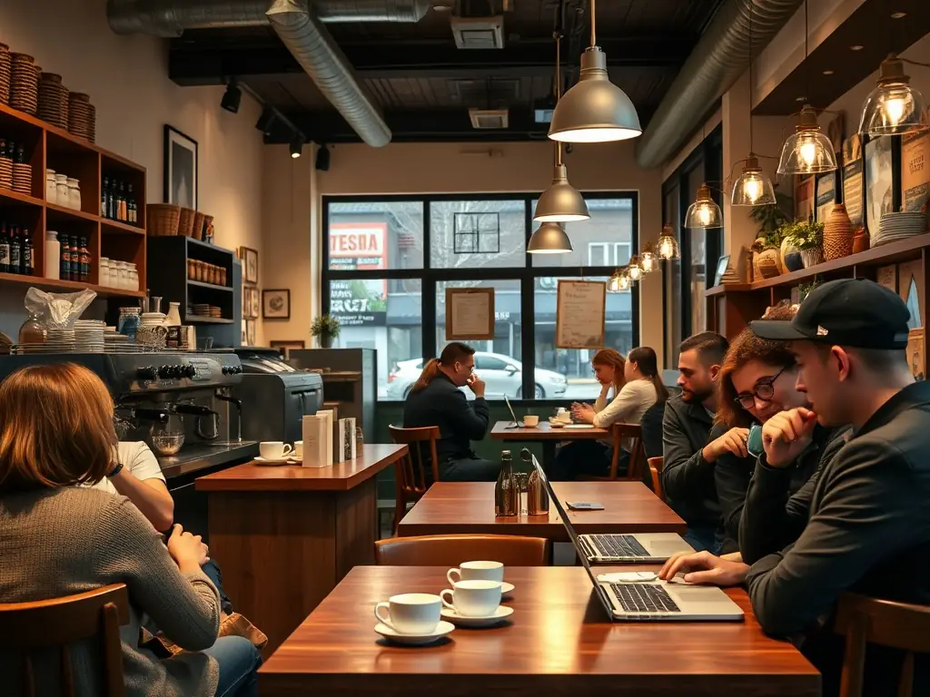 A modern coffee shop interior with customers enjoying coffee, representing a popular franchise opportunity for E2 visa applicants.